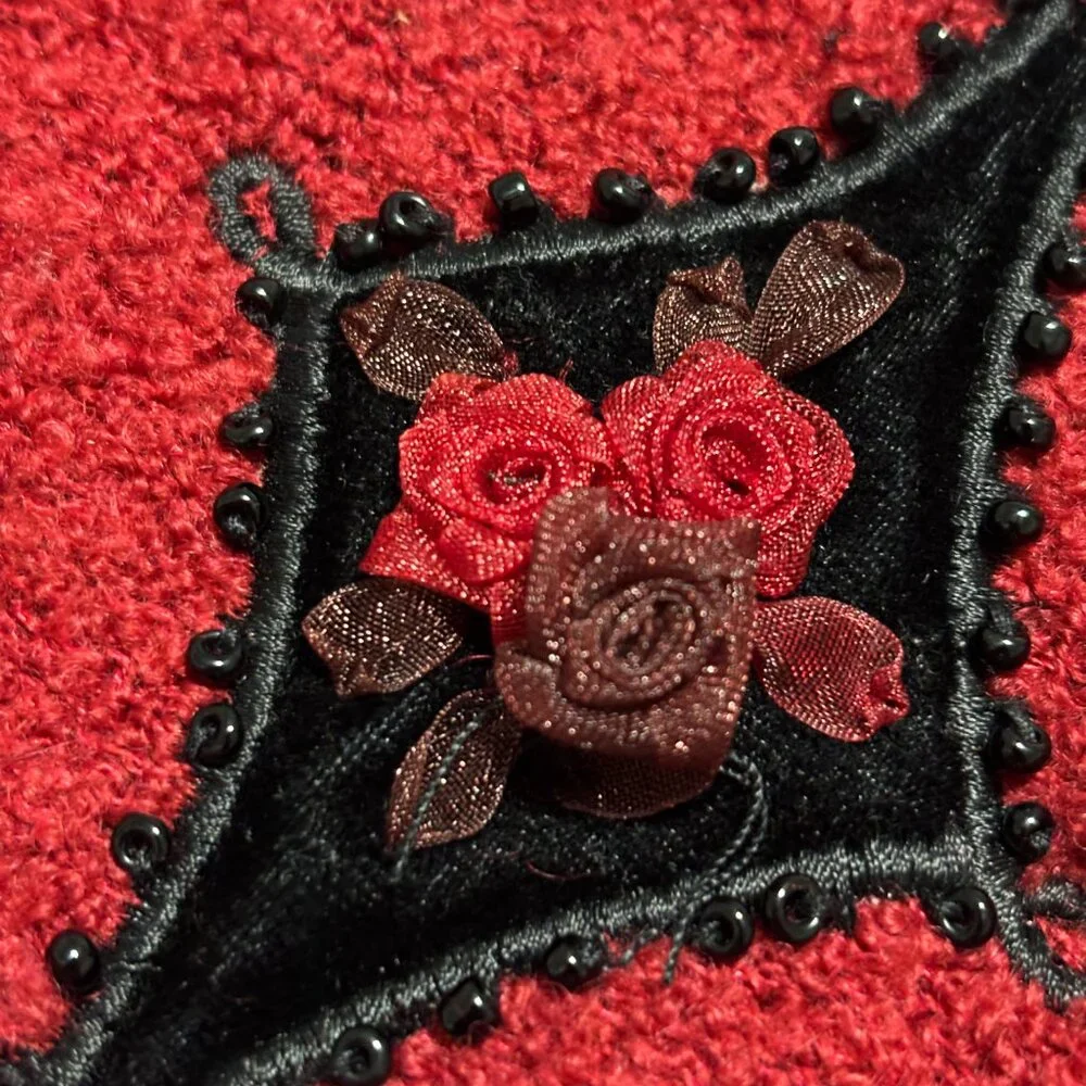 Koret Red Wool Vest L Beaded Rose Applique Holiday Christmas Party Festive VTG‎